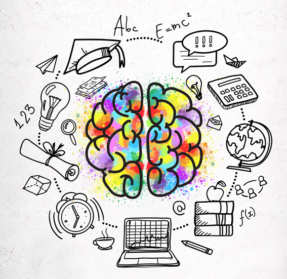 Colorful brain sketch in the center of education icons and drawings on a concrete wall. Concept of knowledge and a digital age.